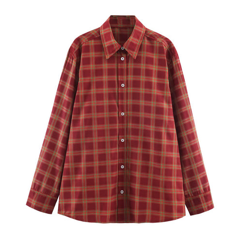 Women Clothing Fashionable Elegant Plaid Poplin Loose Shirt