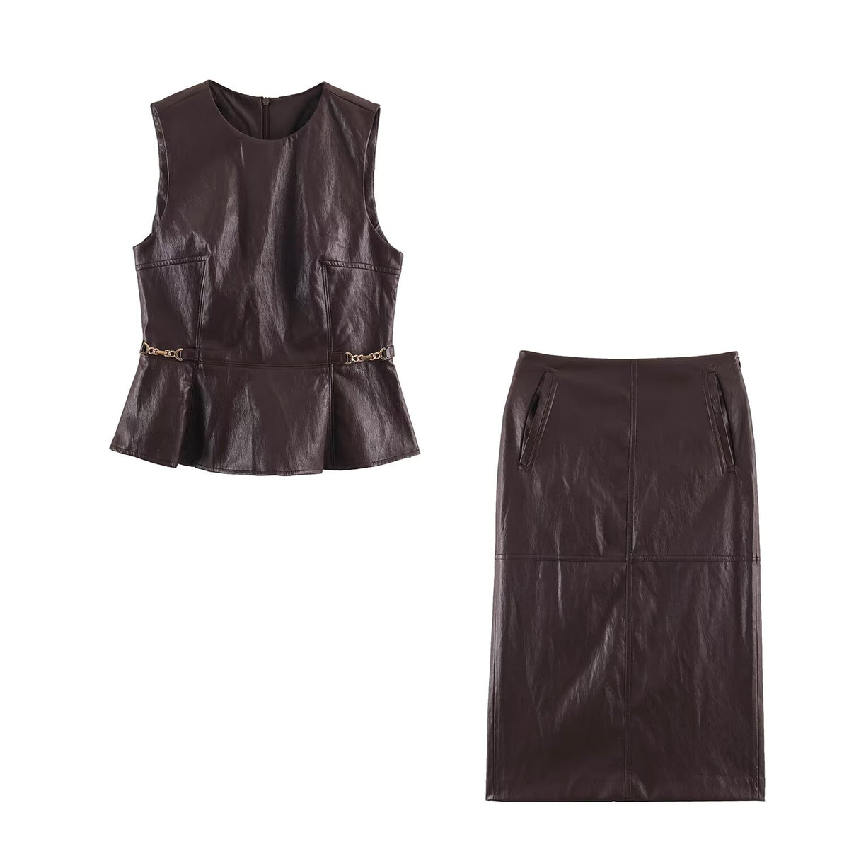 Women's Faux-Leather Top And Skirt Set