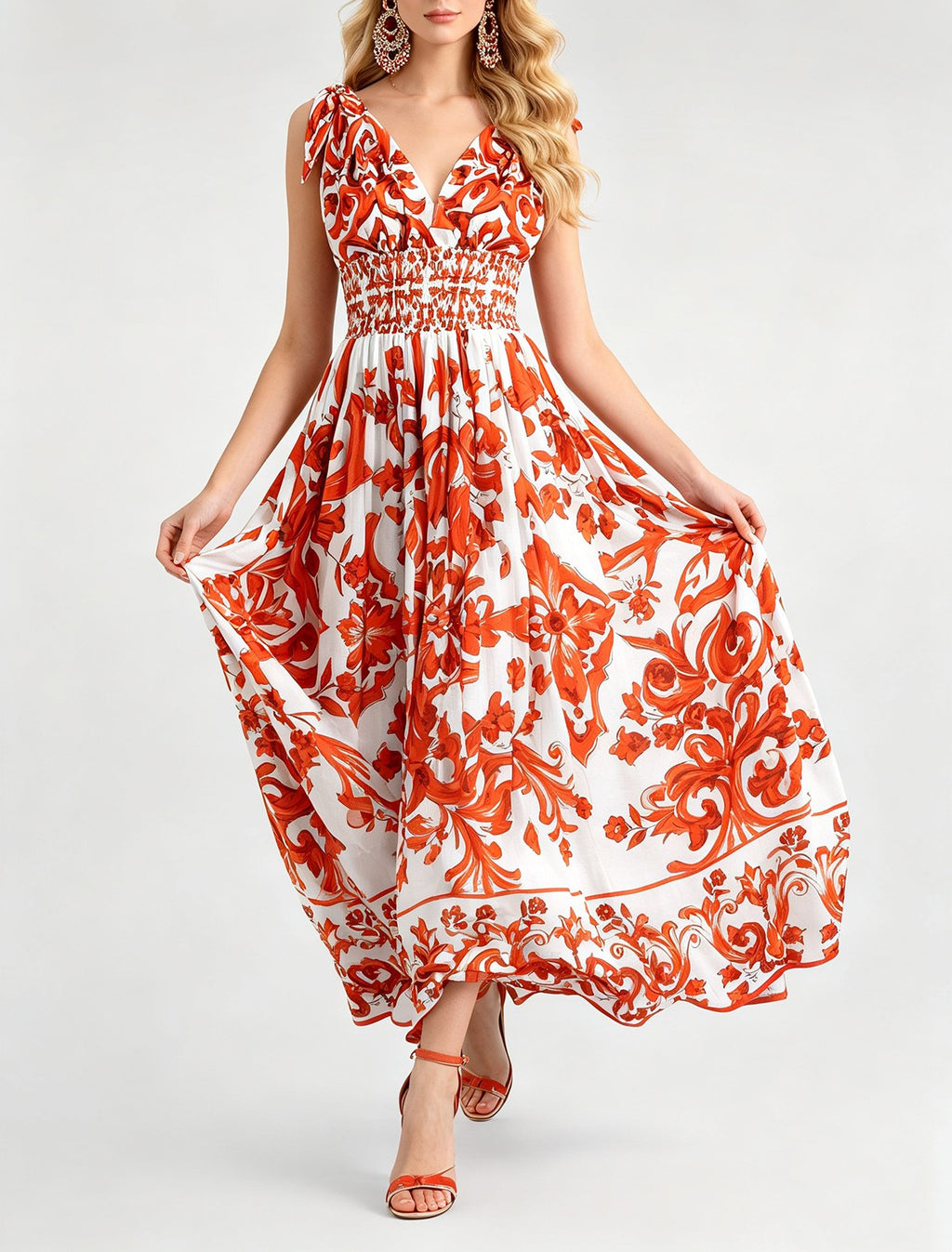 Women's V-Neck Printed Elastic High-Waisted Dress With Bow Tie And Fitted Flared