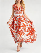 Women's V-Neck Printed Elastic High-Waisted Dress With Bow Tie And Fitted Flared