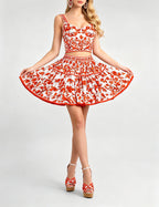 Women's Summer Printed Patchwork Color Blocking 3D Braless Strapless Top And Skirt Padded Cups Two-Piece Set