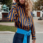 Autumn Long-Sleeve Striped Laminated Decoration Shirt