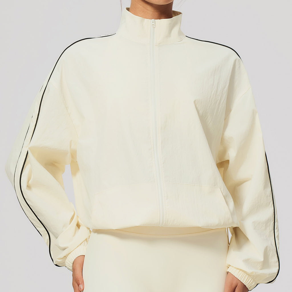 Sports Jacket With Contrast Color Stand Up Collar Zipper Quick Drying High Elastic Breathability Fitness Jacket