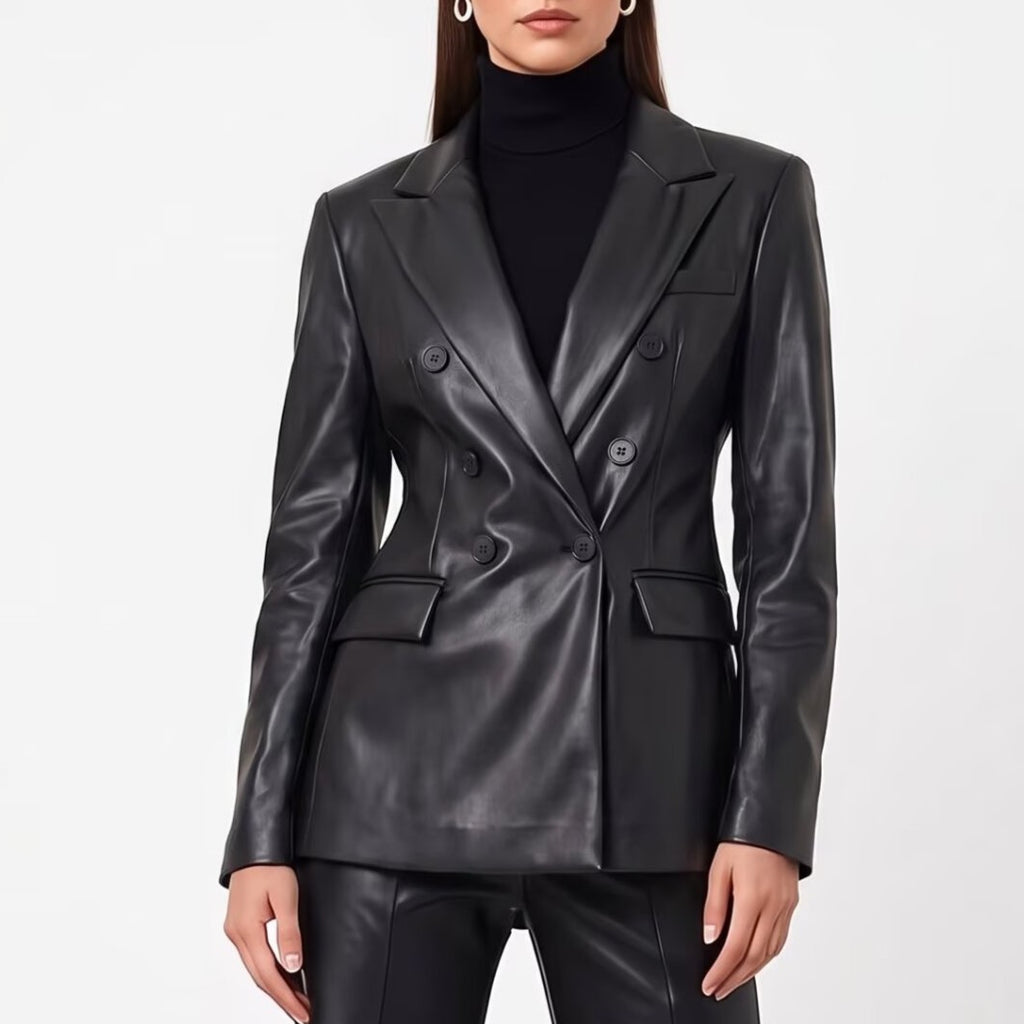 Women's Double-Breasted Faux-Leather Blazer
