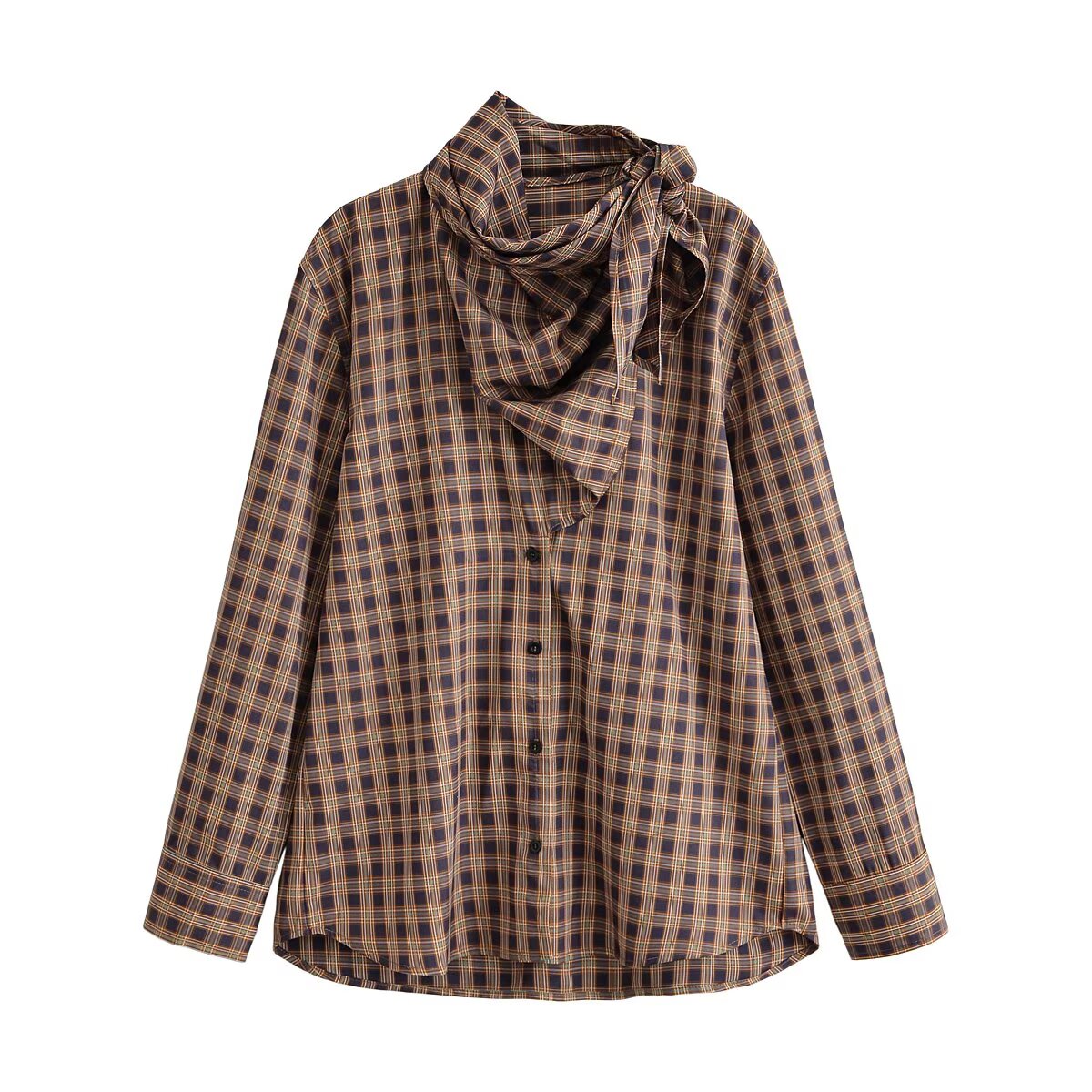 Women's Plaid Scarf-Collar Long-Sleeve Shirt