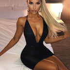 Spring V neck Lace up Dress Women Hollow Out Cutout out