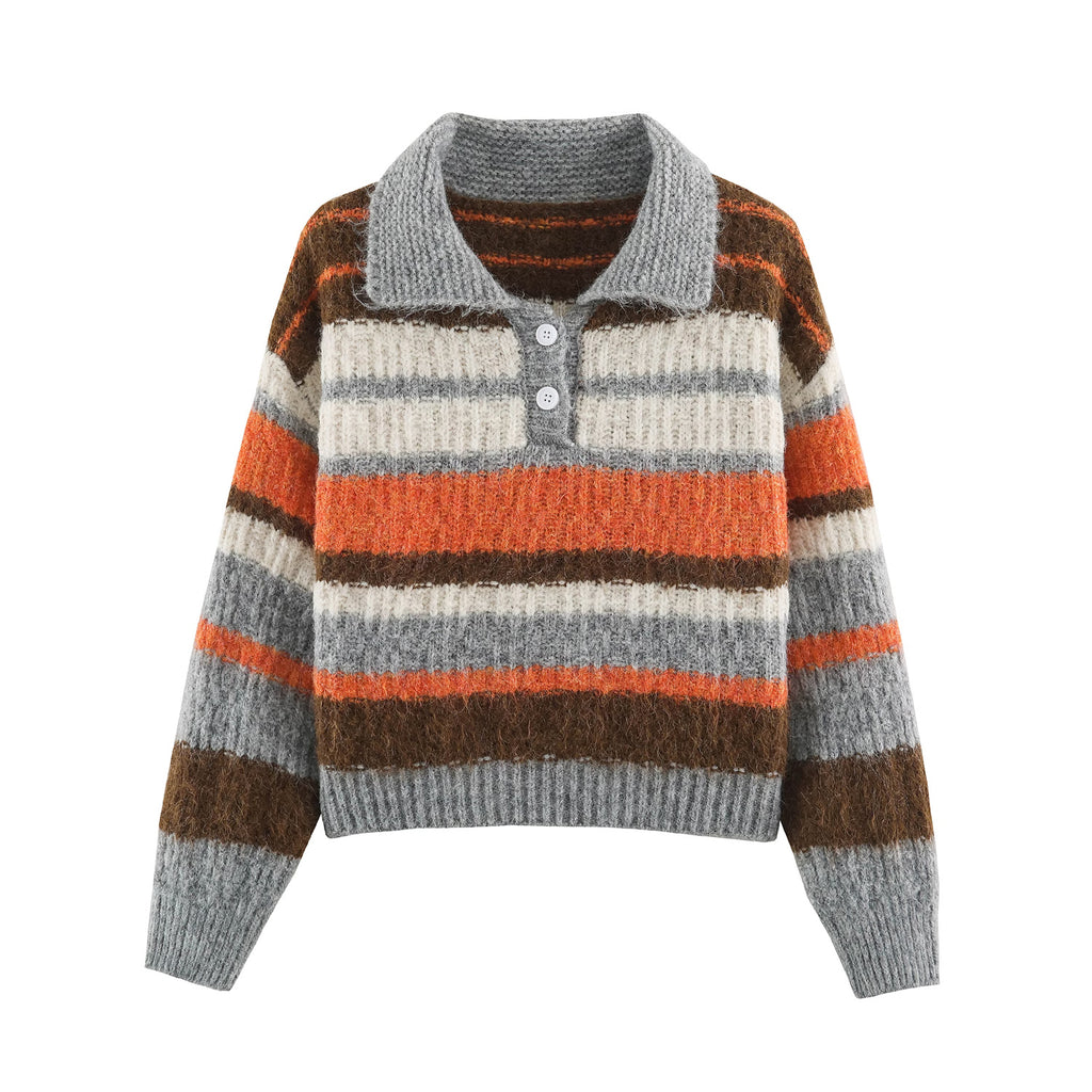 Women's Striped Button-Collar Knit Sweater