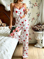 Women's Heart-Print Satin Pajama Set