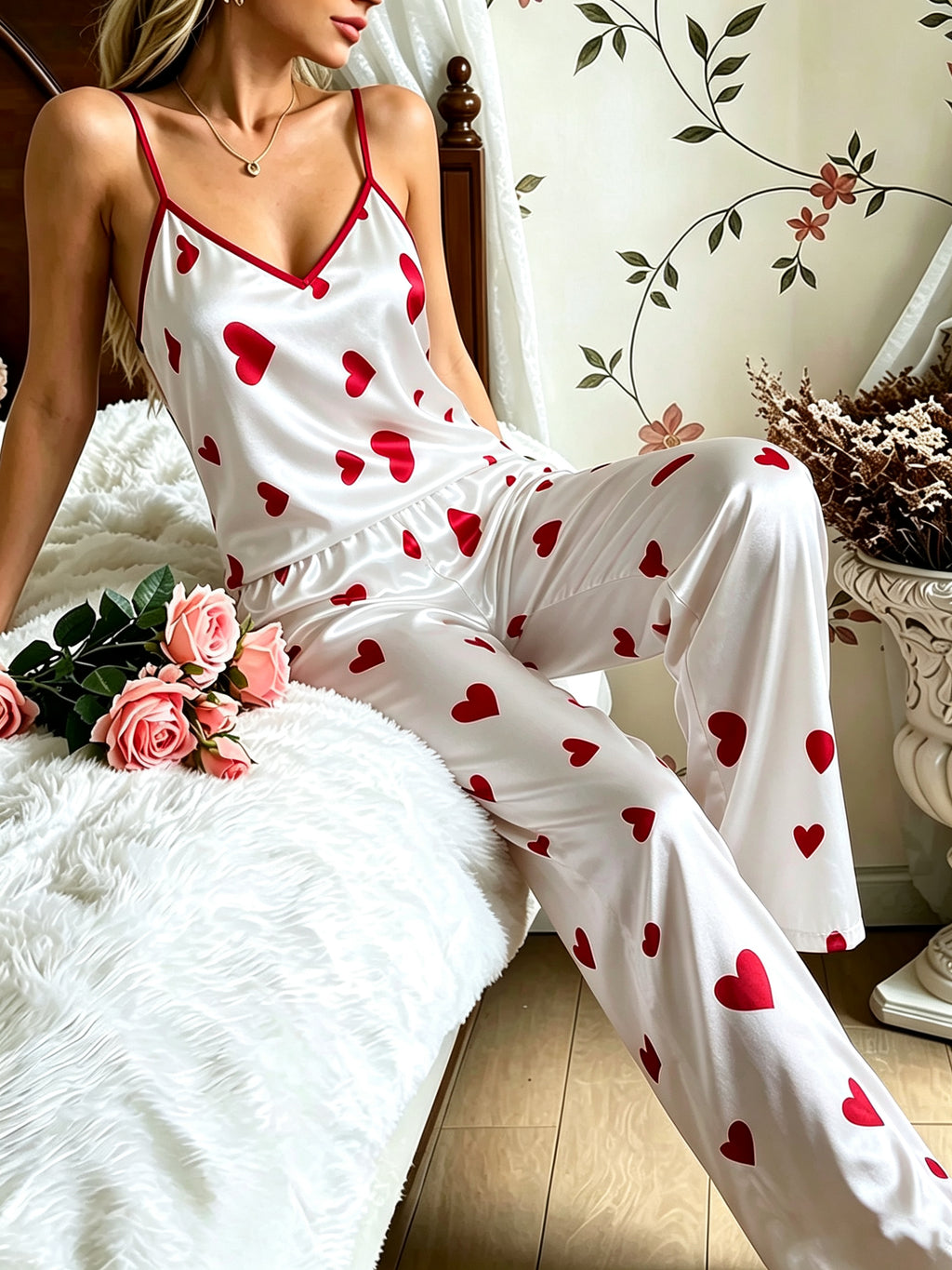 Women's Heart-Print Satin Pajama Set