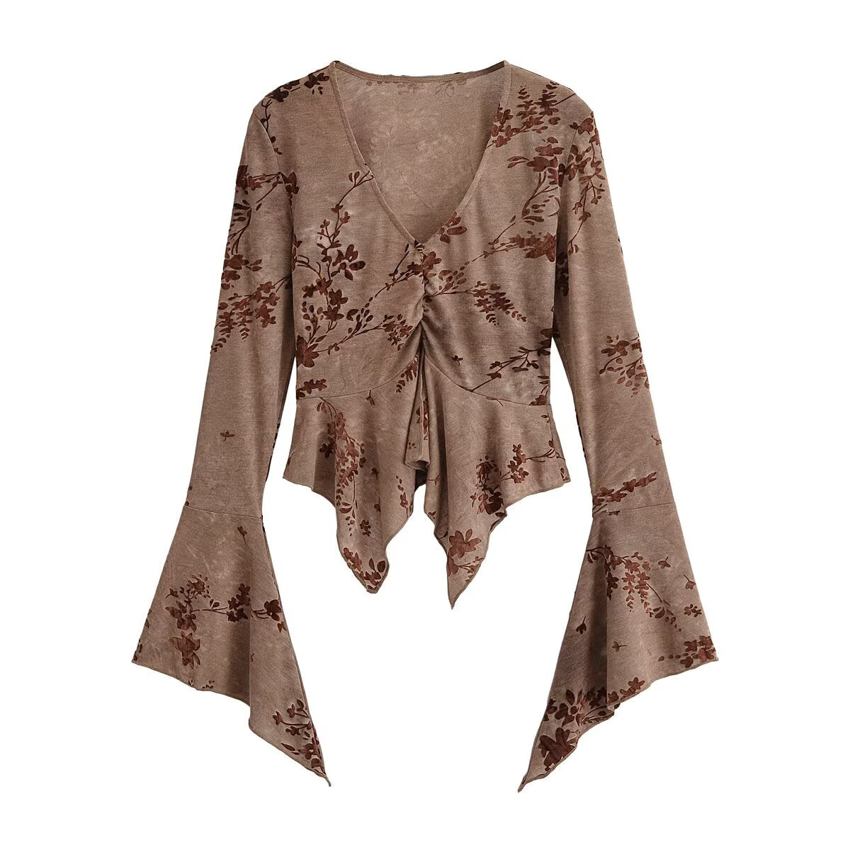 Women's Clothing Autumn Flocking Floral V Neck Long Sleeve Asymmetric Printed Top
