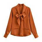 Women's Minimalist V Neck Single Breasted Bowknot Decoration Silk Satin Textured Shirt