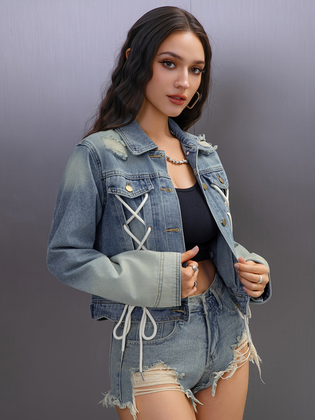 's Rope Strap Design Nostalgic Heavy Industry Wash Short Non Elastic Retro Denim