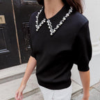 Women's Office Artificial Pearl Polo Shirt