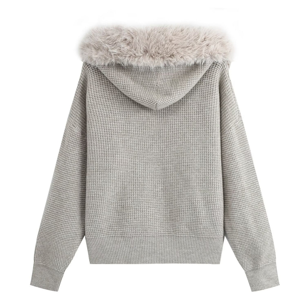 Women's Casual Trend Waffle Fur Collar Hooded Knit Cardigan