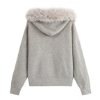 Women's Casual Trend Waffle Fur Collar Hooded Knit Cardigan