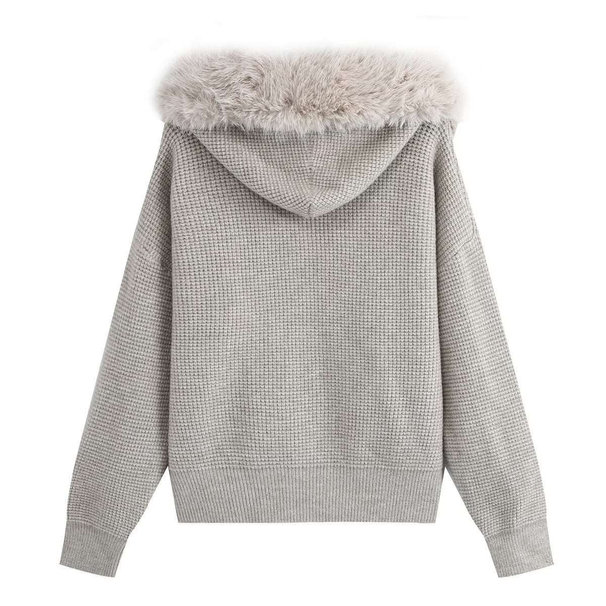Women's Casual Trend Waffle Fur Collar Hooded Knit Cardigan
