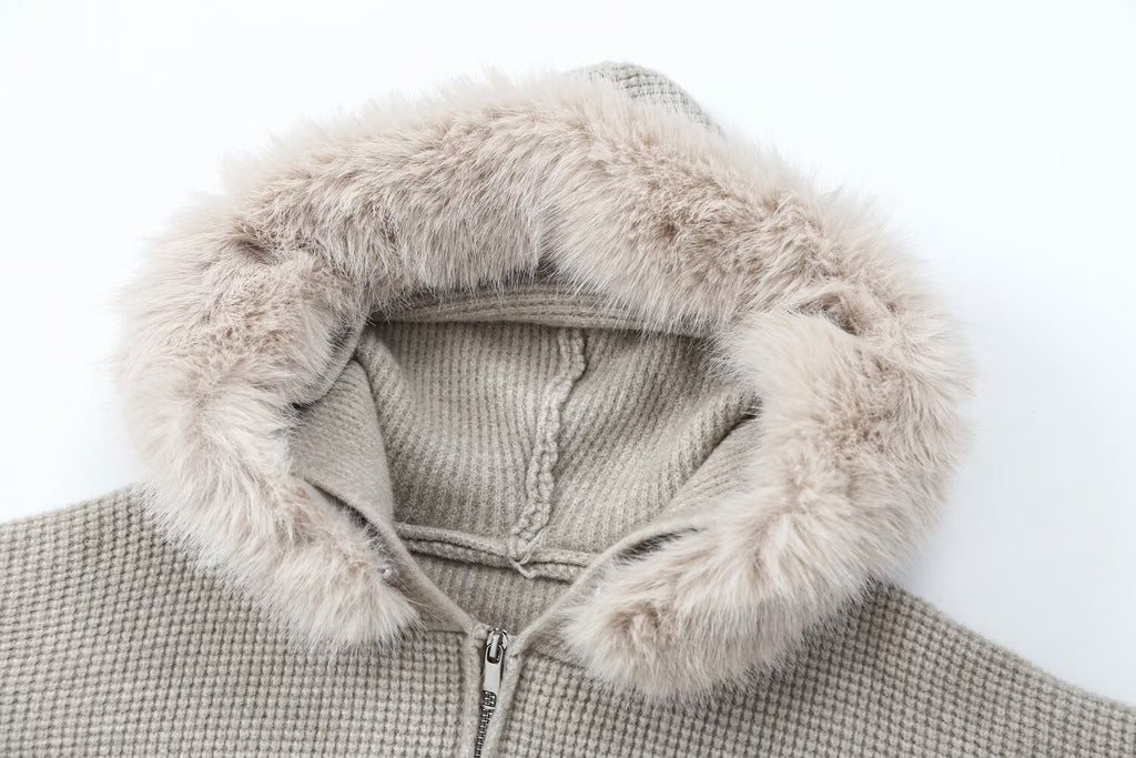 Women's Casual Trend Waffle Fur Collar Hooded Knit Cardigan