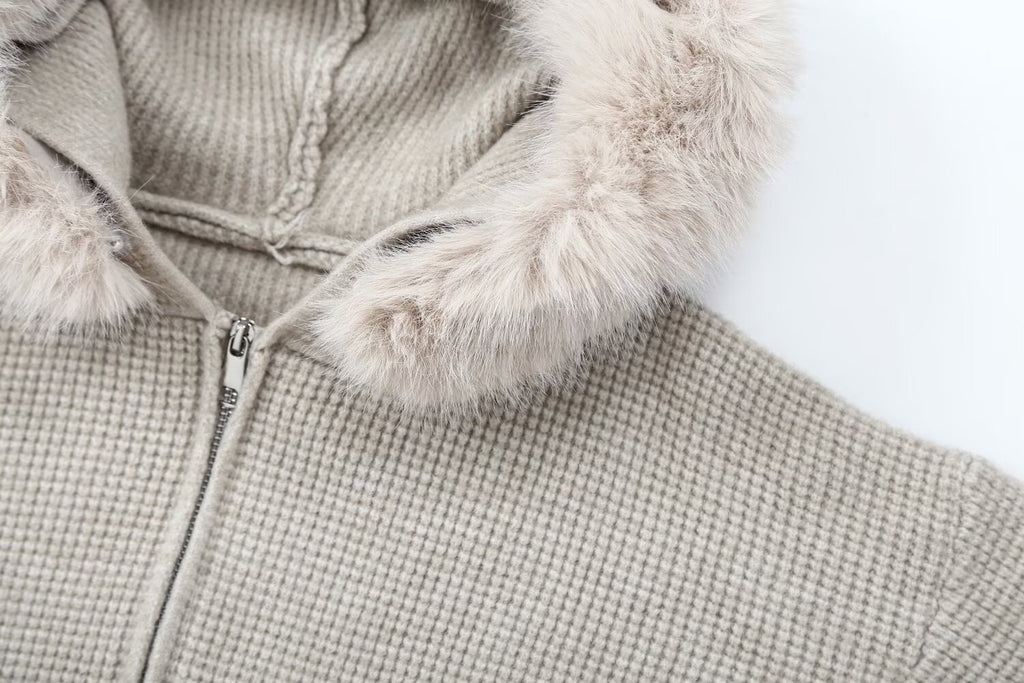 Women's Casual Trend Waffle Fur Collar Hooded Knit Cardigan
