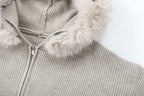 Women's Casual Trend Waffle Fur Collar Hooded Knit Cardigan