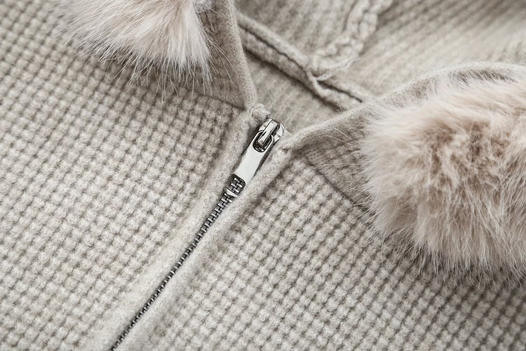 Women's Casual Trend Waffle Fur Collar Hooded Knit Cardigan