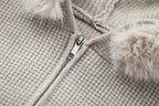 Women's Casual Trend Waffle Fur Collar Hooded Knit Cardigan