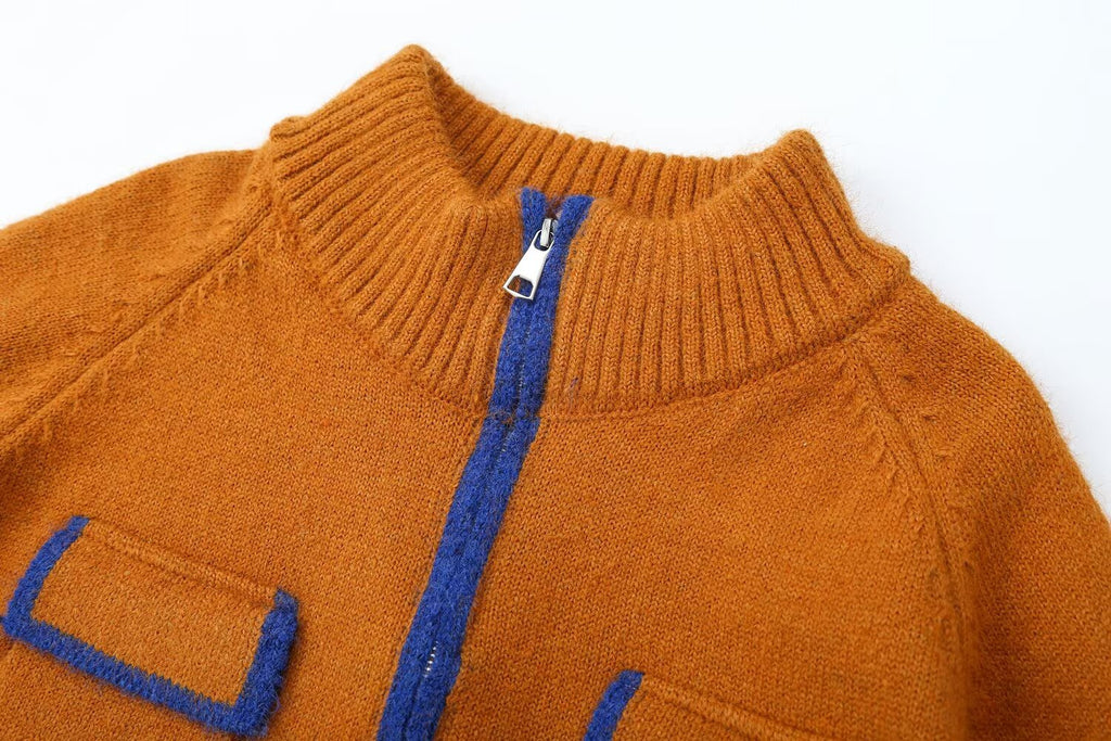 Women's Women's's Autumn Winter Color Matching Trim Pocket Zipper Cardigan
