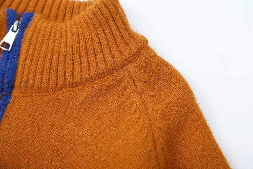 Women's Women's's Autumn Winter Color Matching Trim Pocket Zipper Cardigan