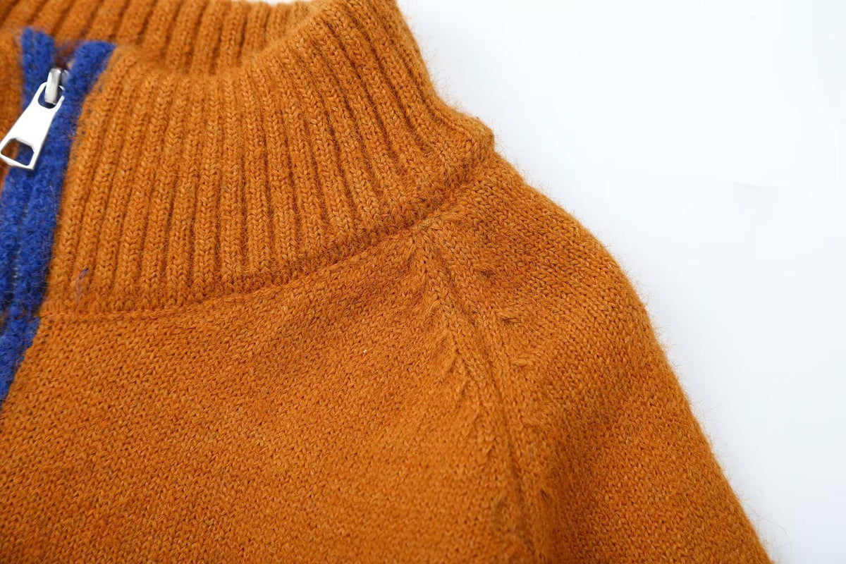 Women's Women's's Autumn Winter Color Matching Trim Pocket Zipper Cardigan