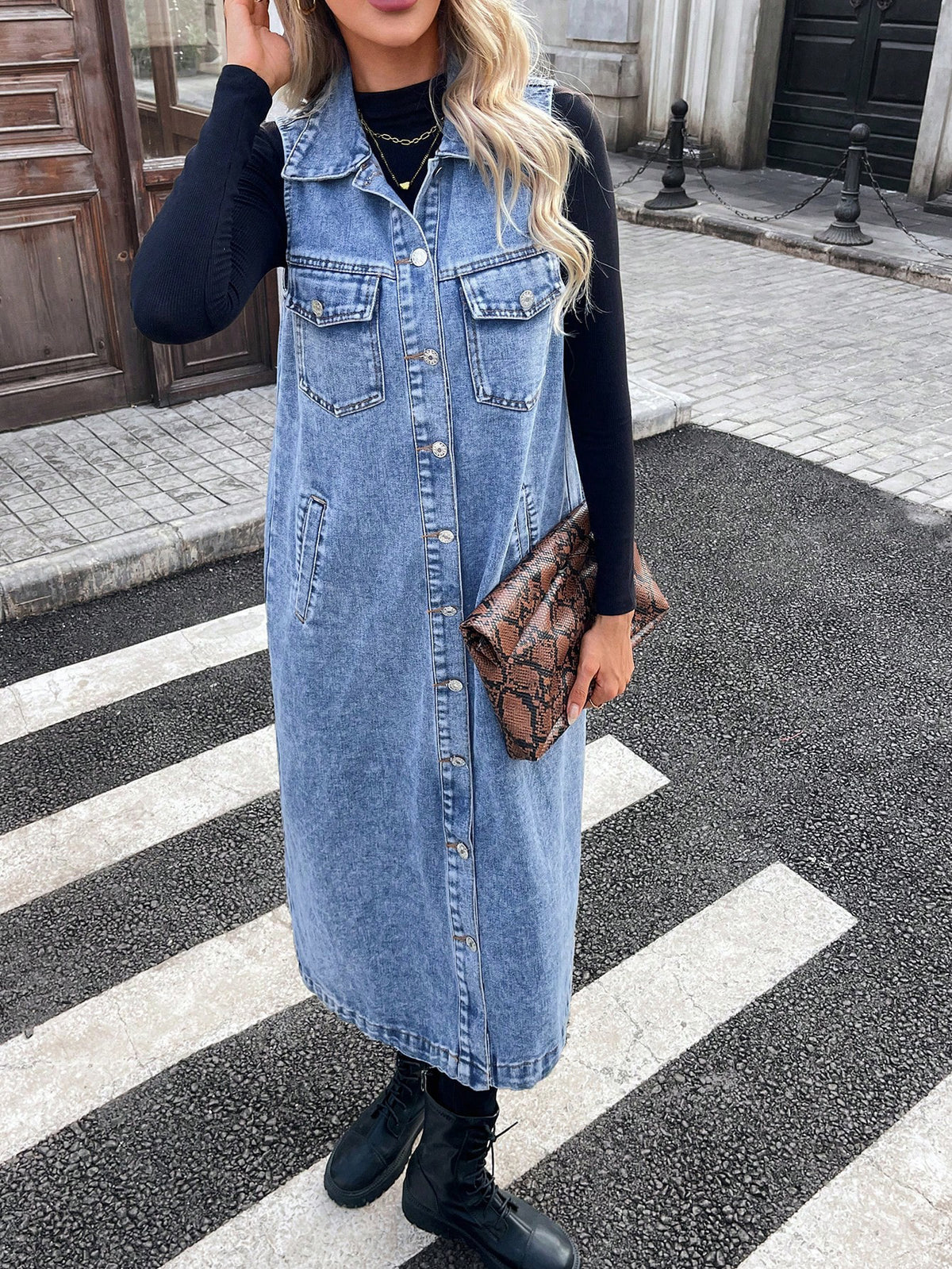 Women's Loose Collared Long Sleeveless Denim Vest Coat