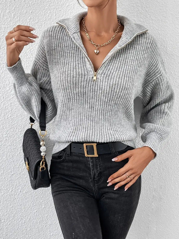 's Knit Shirt Solid Color Loose Casual Polo Collar Long Sleeve Zipper Sweater