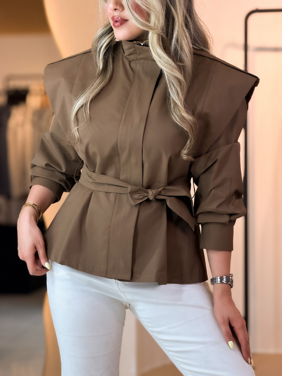 Women's Stand Up Collar Tie Bow Cinched Cotton Padded Coat Women Decorative Badges Short Quilted Winter Coat