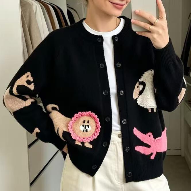 's Design Round Neck Cardigan Loose Lazy Sweater Jacquard Wear Coat