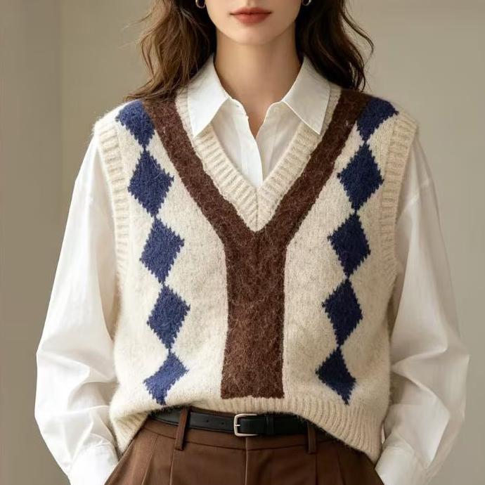 Autumn Retro Contrast Color College Maillard Rhombus Waistcoat Vest
