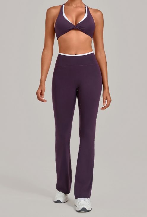 Autumn Sand Contrast Color Sports Chest Tight Nude Feel Yoga Suit Running Fitness Two Piece Sets