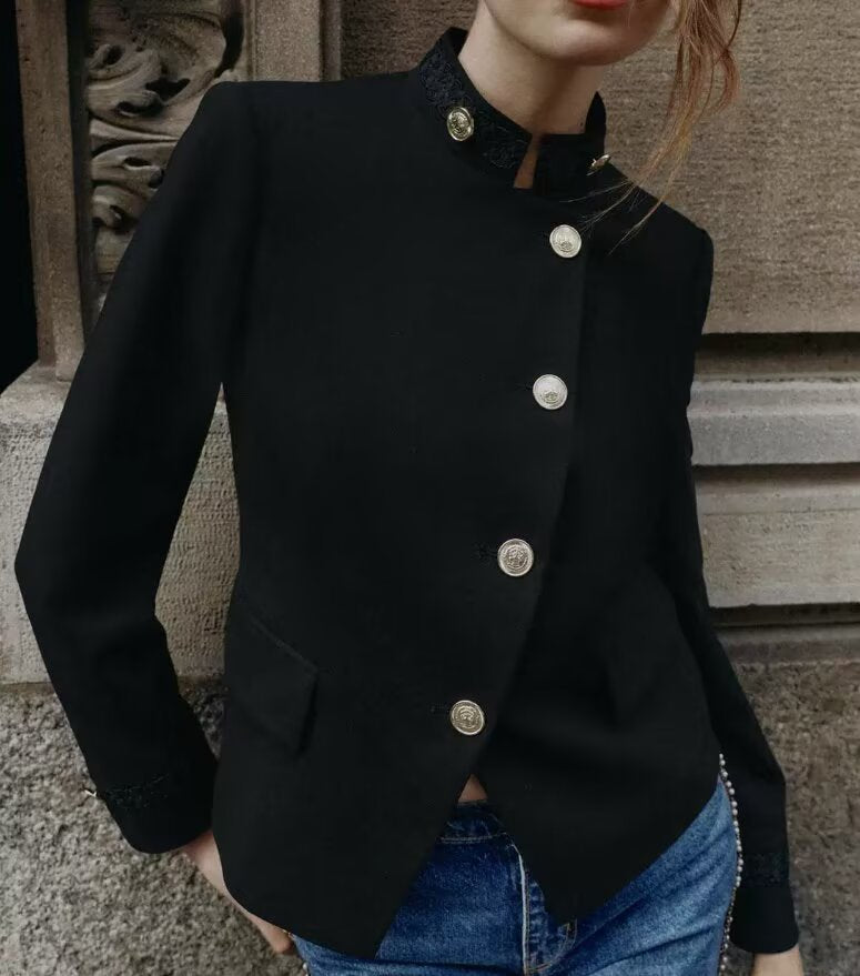 Women's French Long Sleeve Turtleneck Padded Shoulder Jacket