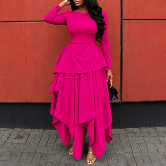 Women's Round Neck Waist Trimming Ruffled Long Sleeve Dress