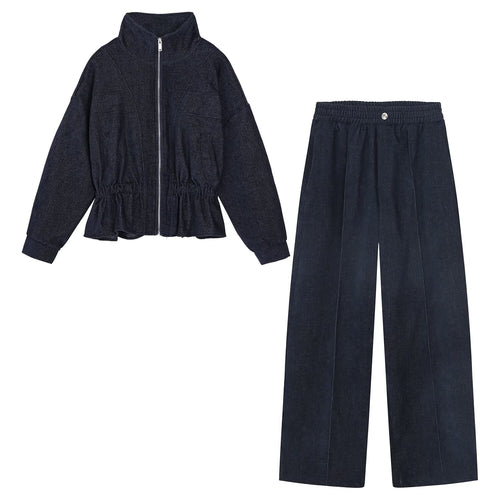 Women Clothing Top Casual Elastic Waist Cropped Short Jacket Loose Pants Sets