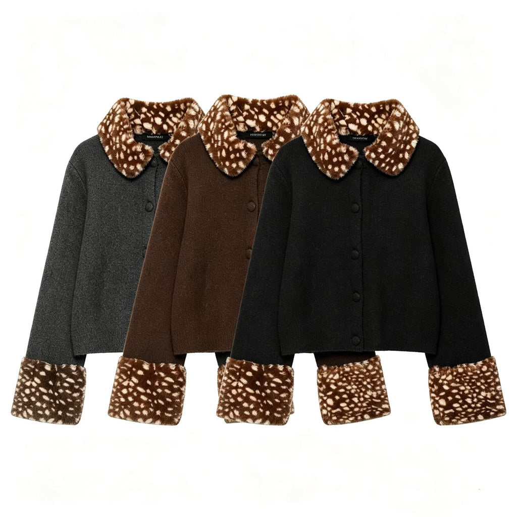 Leopard-Print Fur-Collar Knit Coat