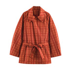 Belted Plaid Polo-Collar Trench Coat