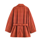 Belted Plaid Polo-Collar Trench Coat