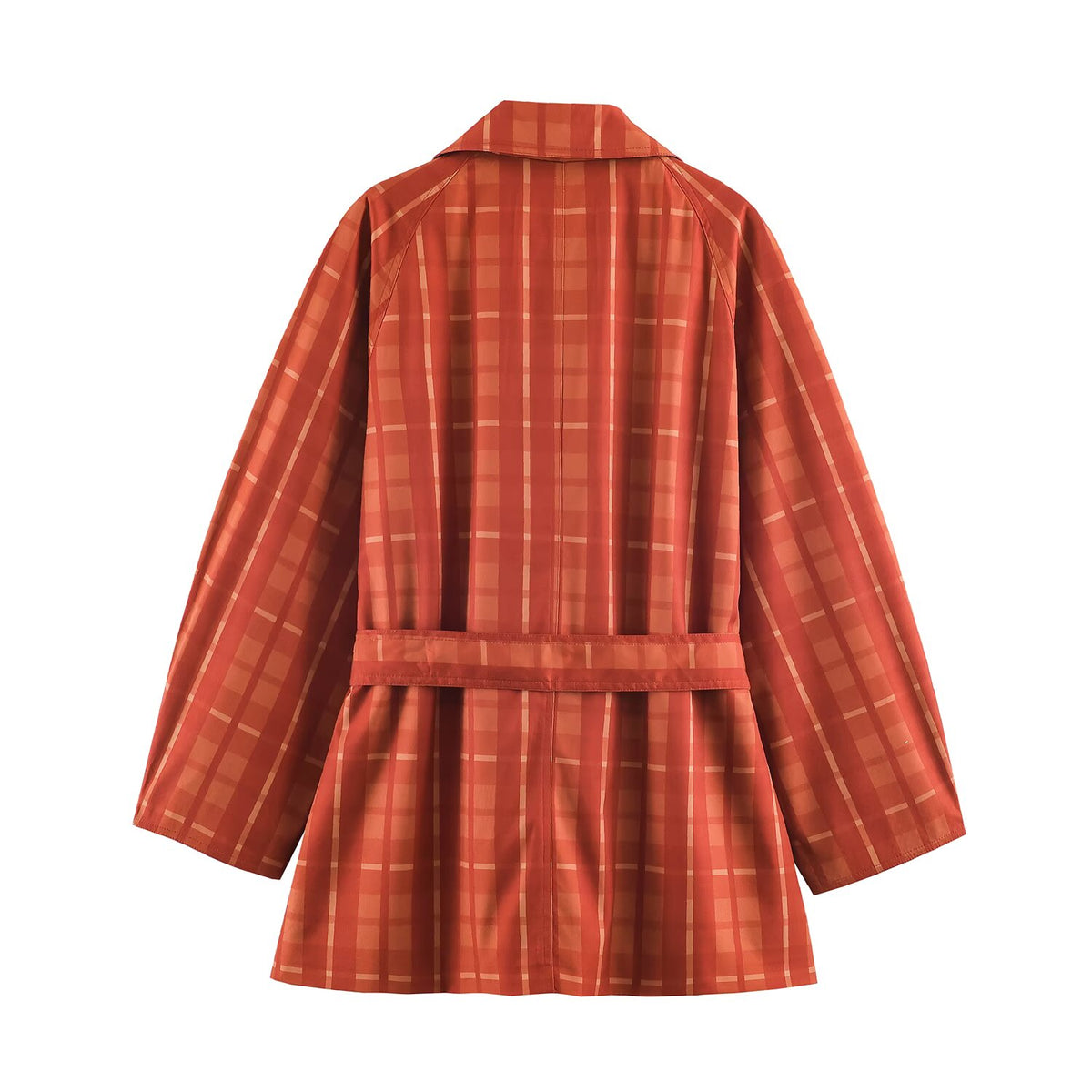 Belted Plaid Polo-Collar Trench Coat