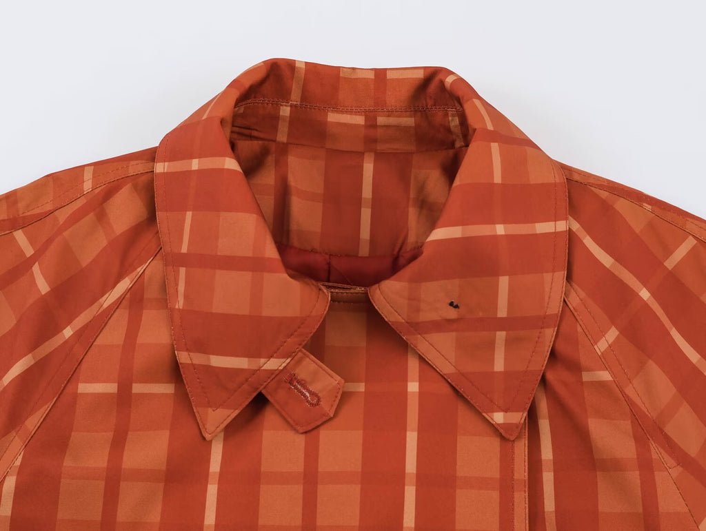 Belted Plaid Polo-Collar Trench Coat