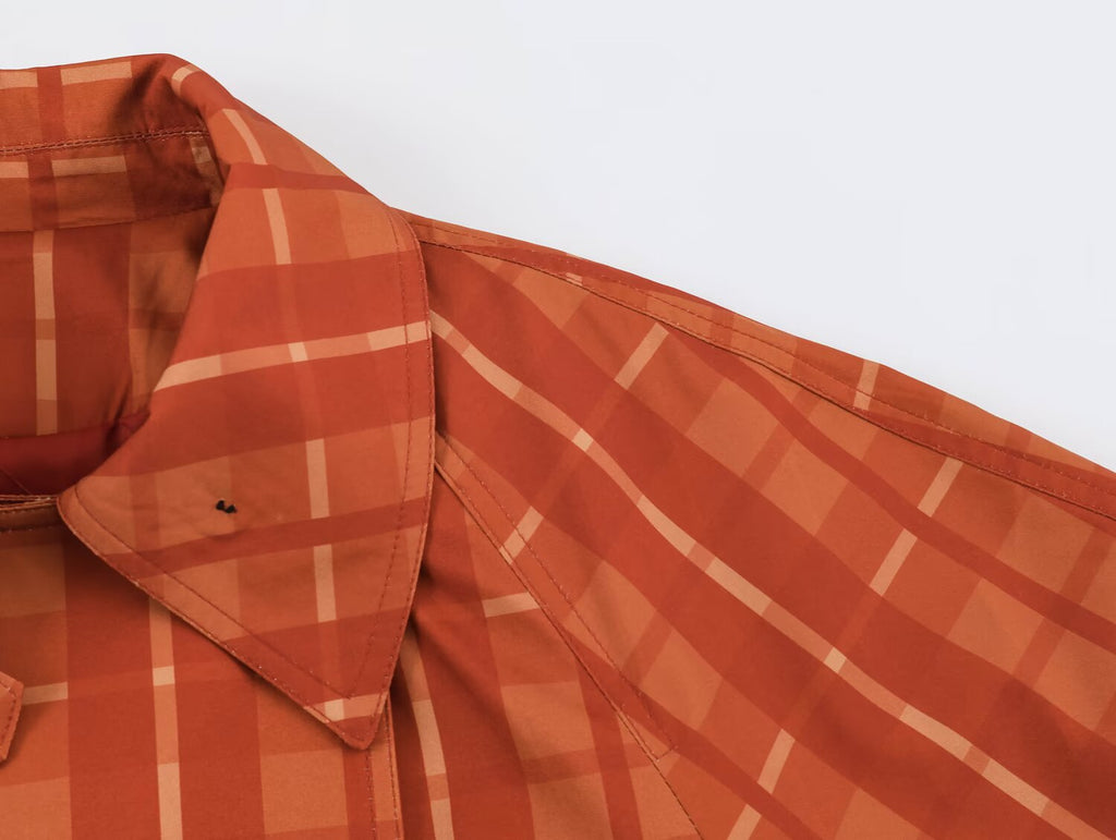 Belted Plaid Polo-Collar Trench Coat