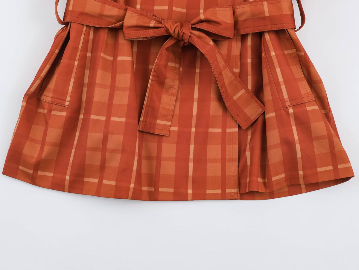 Belted Plaid Polo-Collar Trench Coat