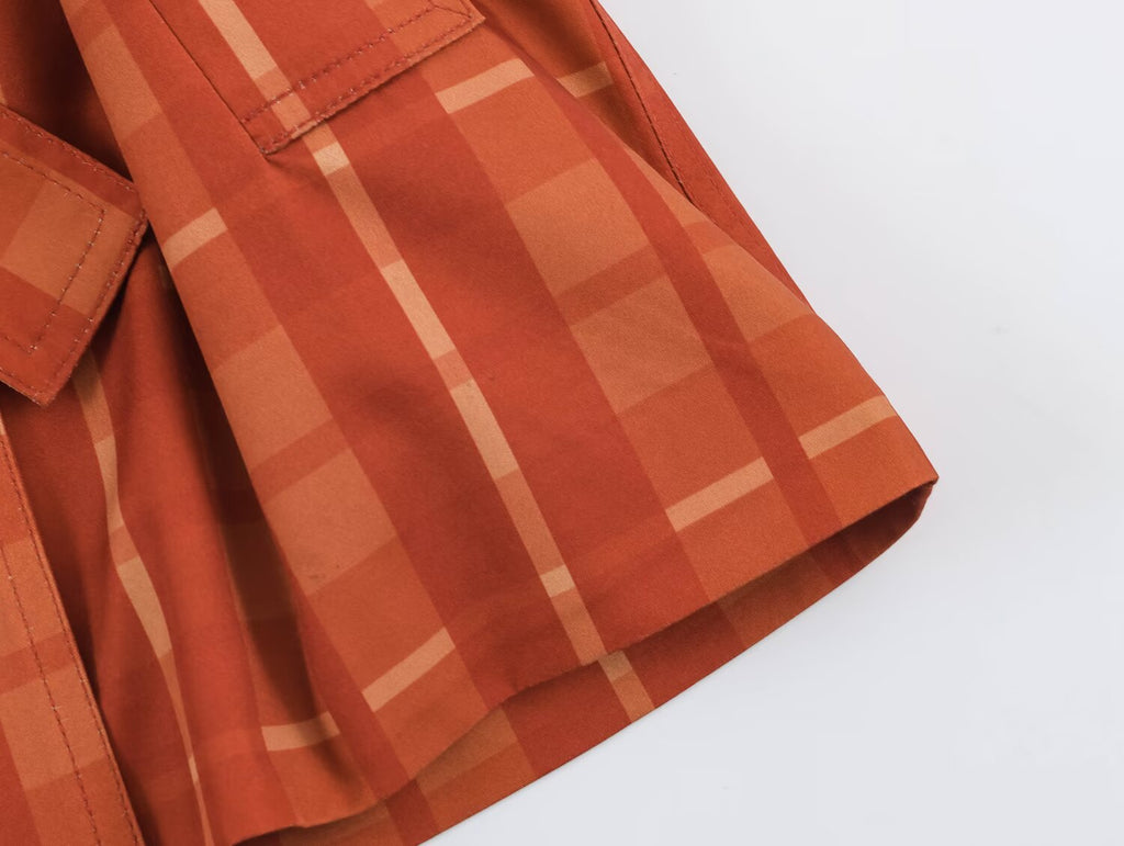 Belted Plaid Polo-Collar Trench Coat