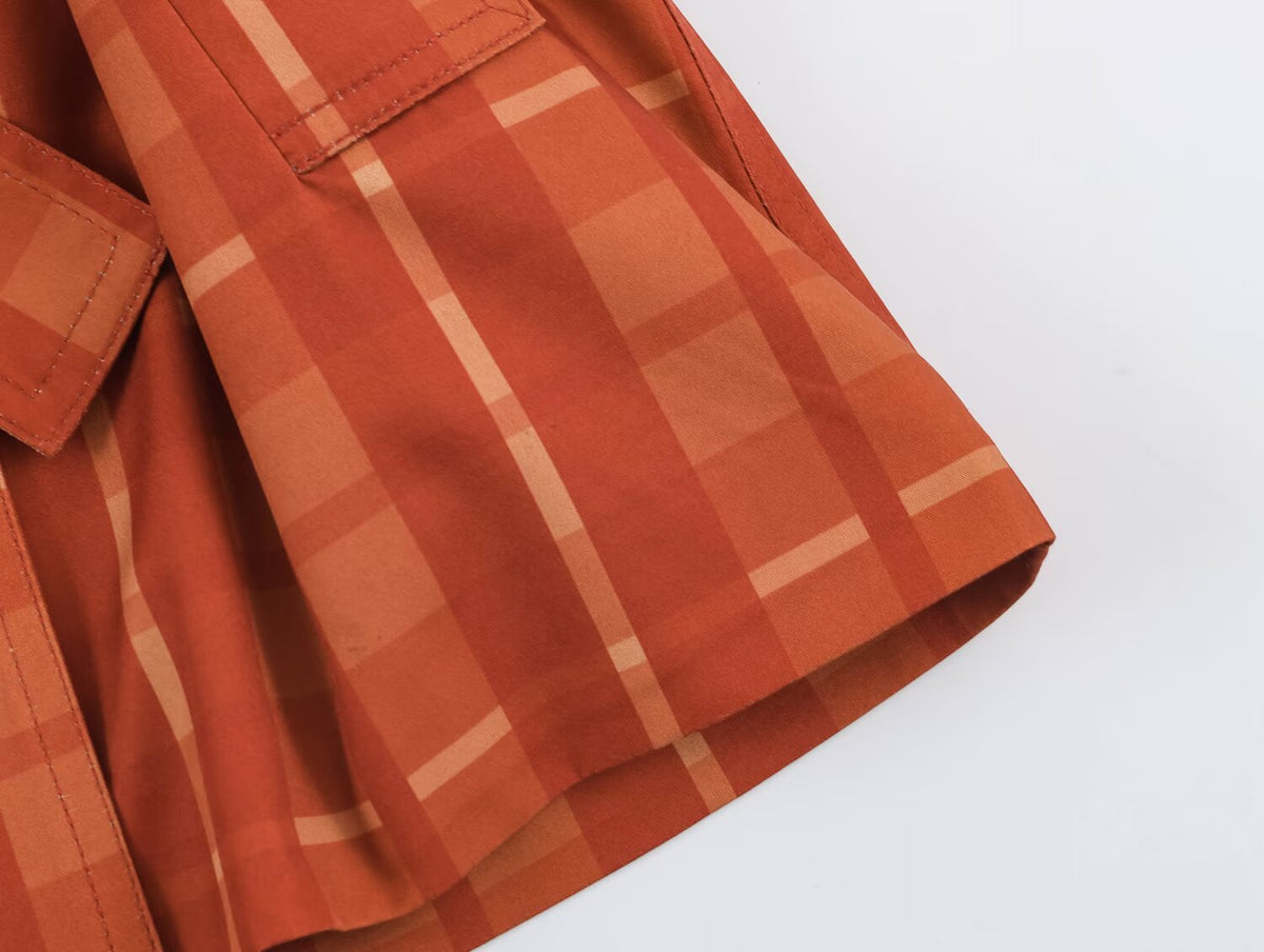 Belted Plaid Polo-Collar Trench Coat