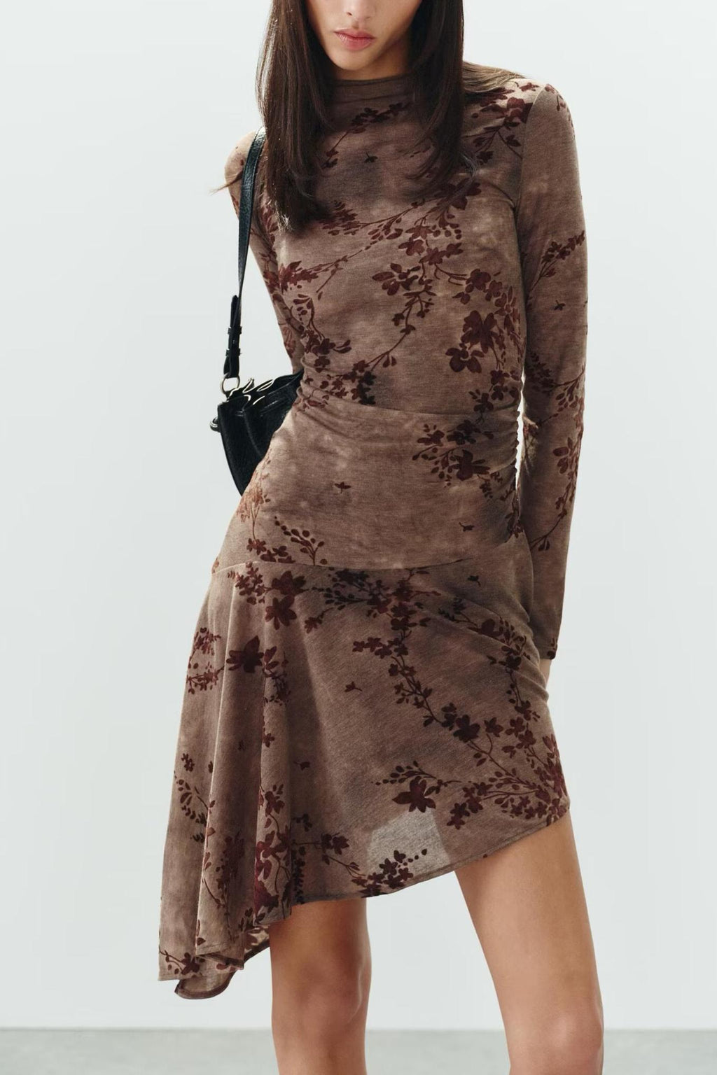 Asymmetric Flocked Half-Turtleneck Dress