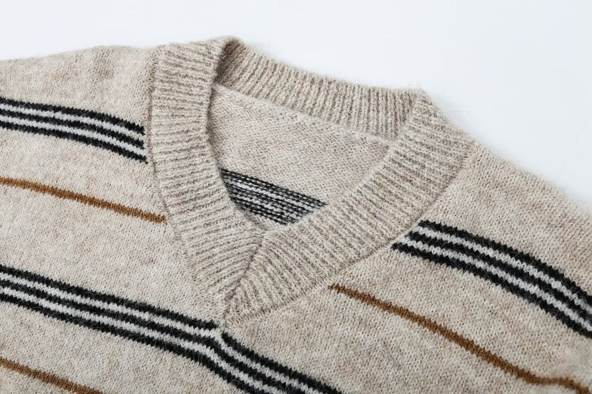 Striped V-Neck Knit Sweater