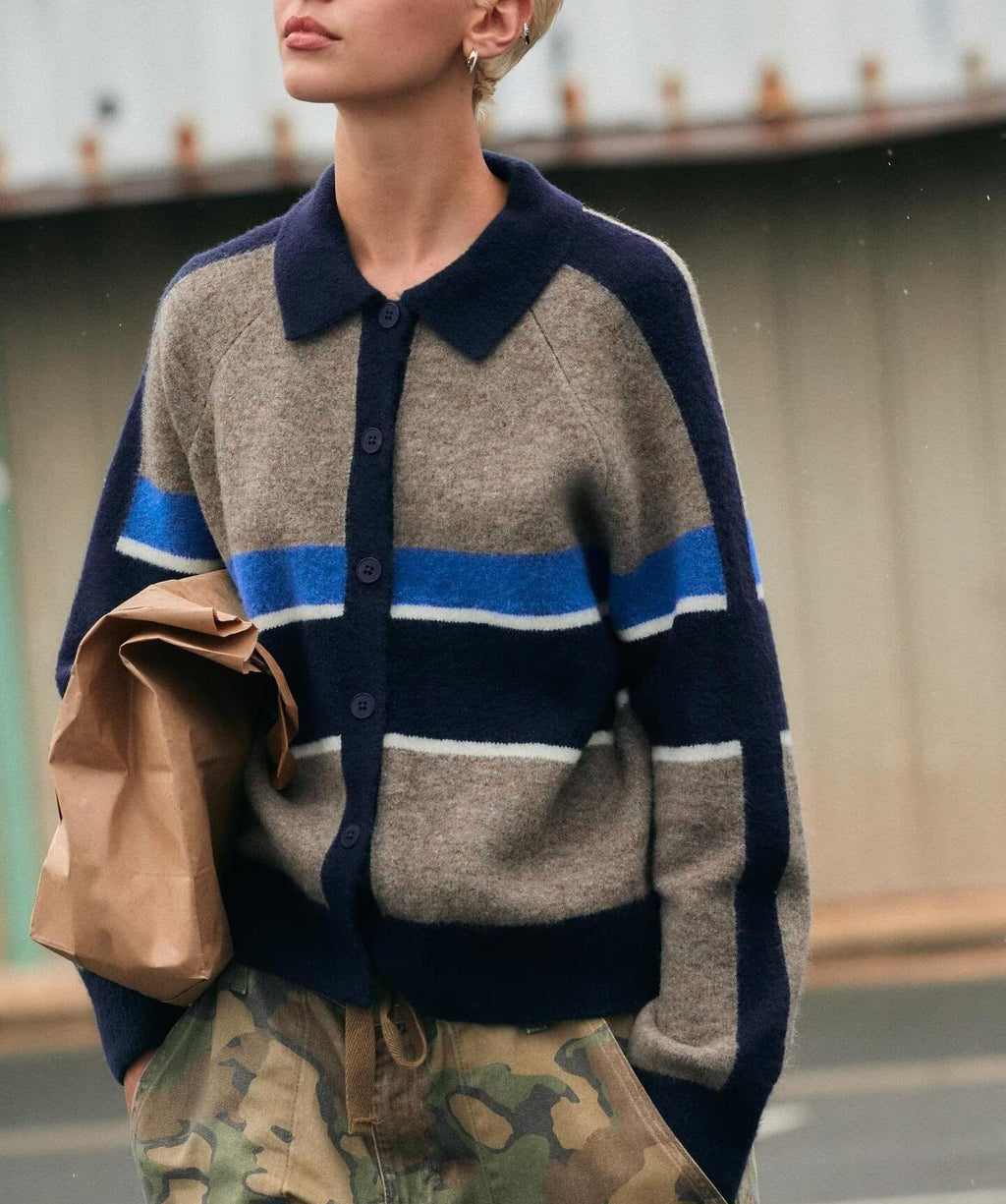Striped Polo-Knit Cardigan