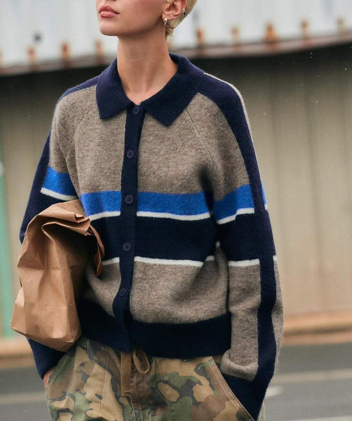 Striped Polo-Knit Cardigan
